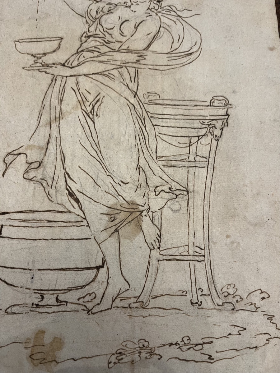 Large Pen Drawing On Pencil Lines, Young Woman, Baccante, With Bunch Of Grapes.-photo-3