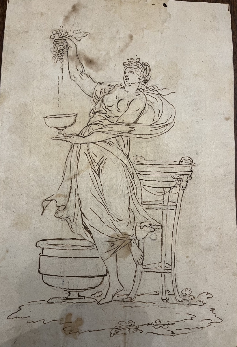 Large Pen Drawing On Pencil Lines, Young Woman, Baccante, With Bunch Of Grapes.
