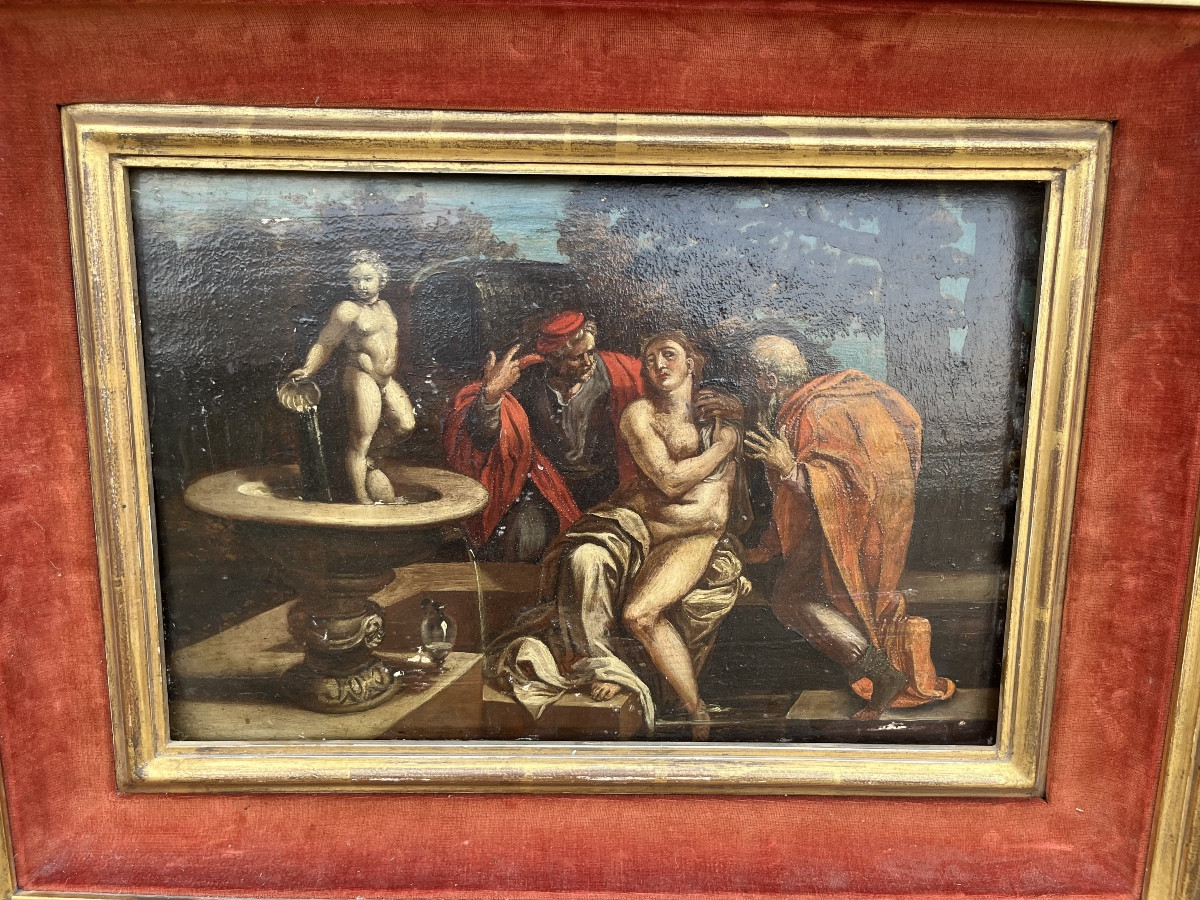 Oil On Panel, Susanna And The Elders, 17th Century.