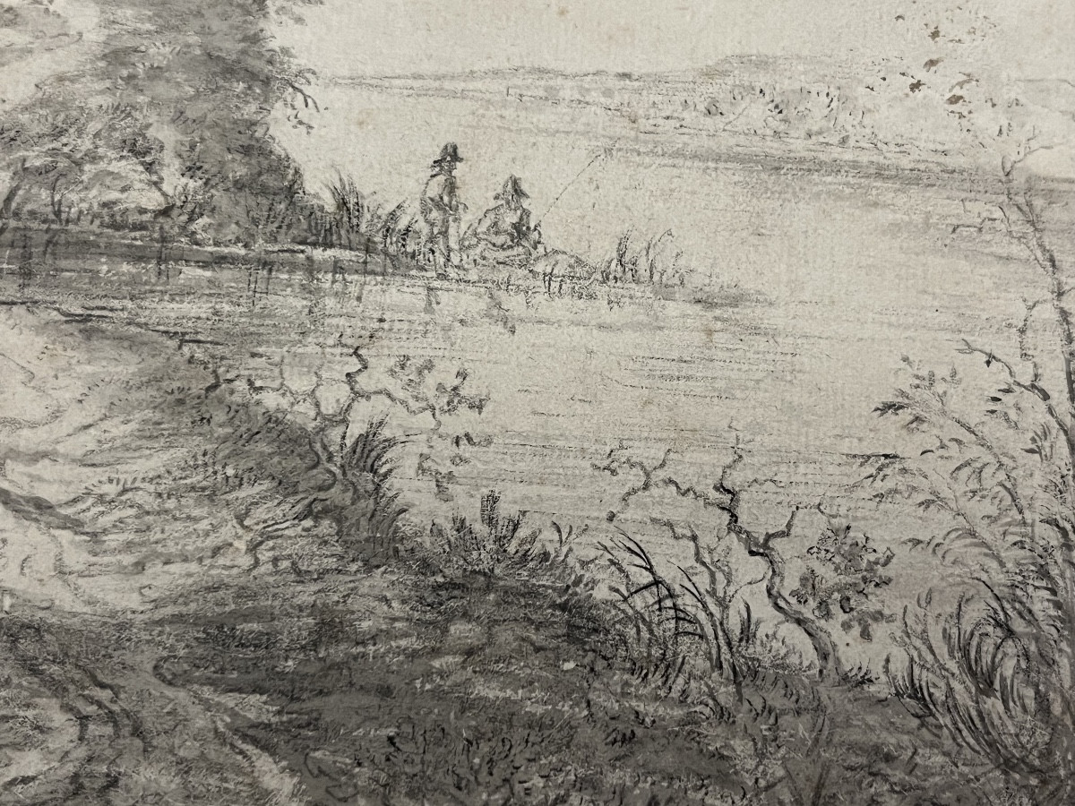 Dessin à l'encre noire et lavis gris, attribué à Ruysdael, représentant un paysage animé. -photo-3