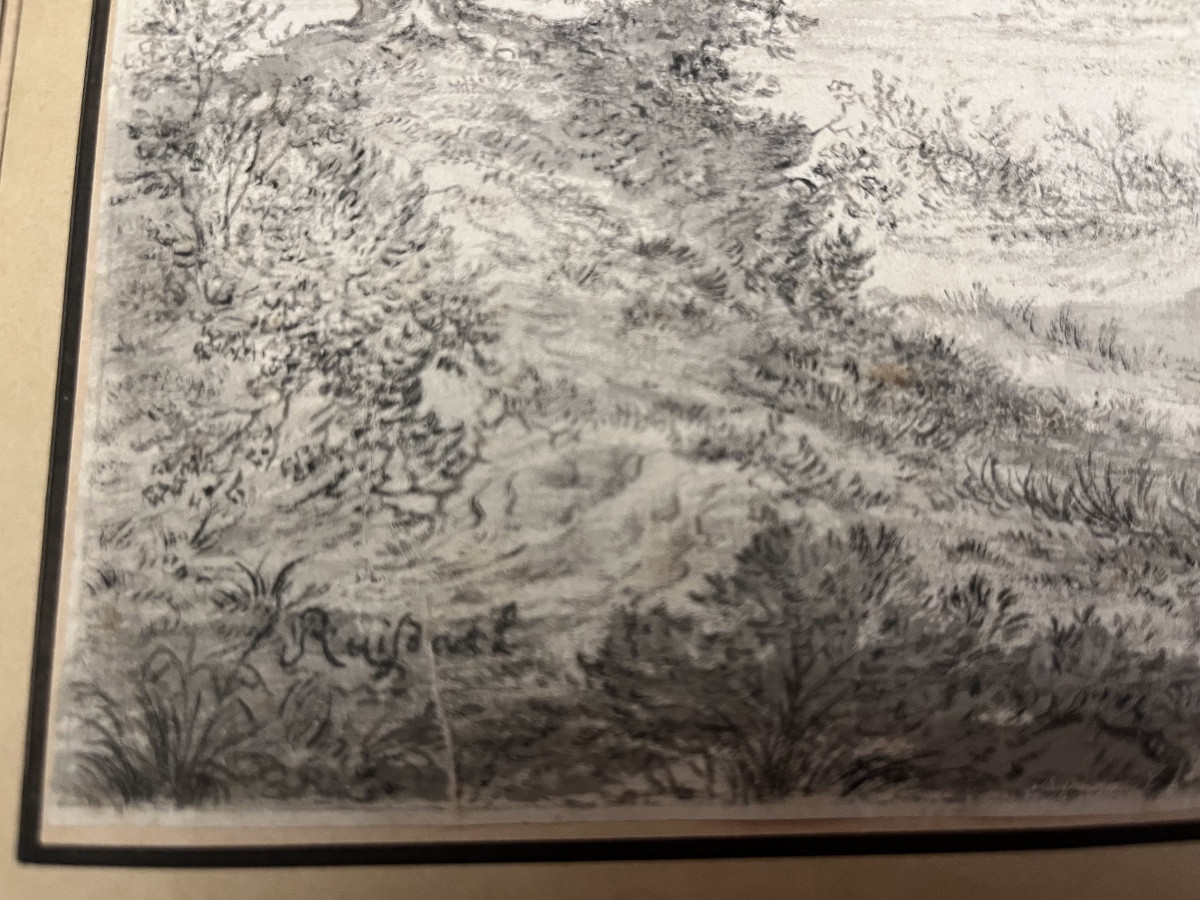 Dessin à l'encre noire et lavis gris, attribué à Ruysdael, représentant un paysage animé. -photo-2