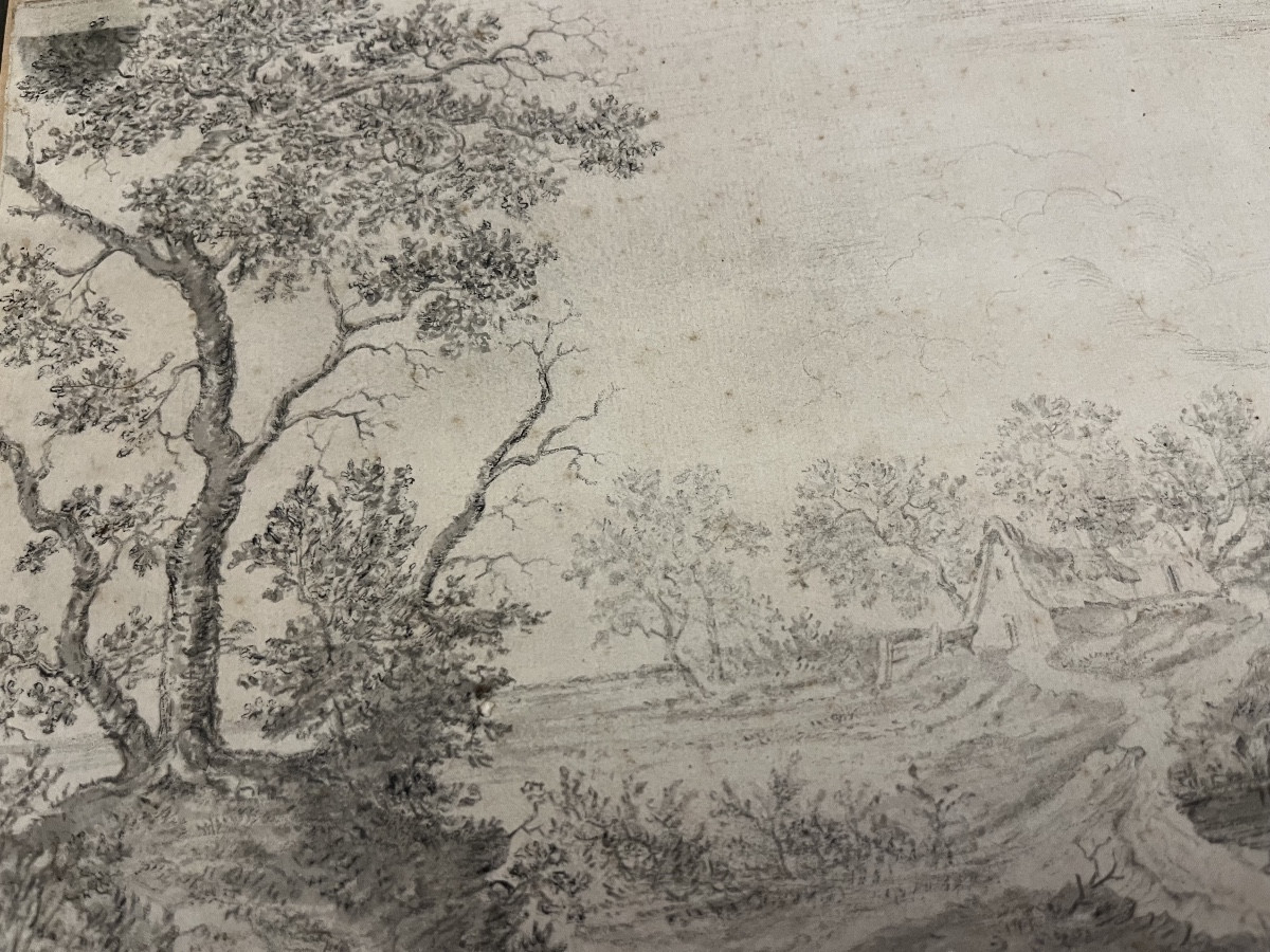 Dessin à l'encre noire et lavis gris, attribué à Ruysdael, représentant un paysage animé. -photo-4