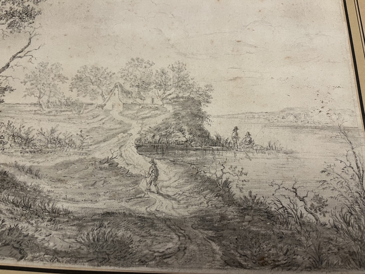 Dessin à l'encre noire et lavis gris, attribué à Ruysdael, représentant un paysage animé. -photo-1