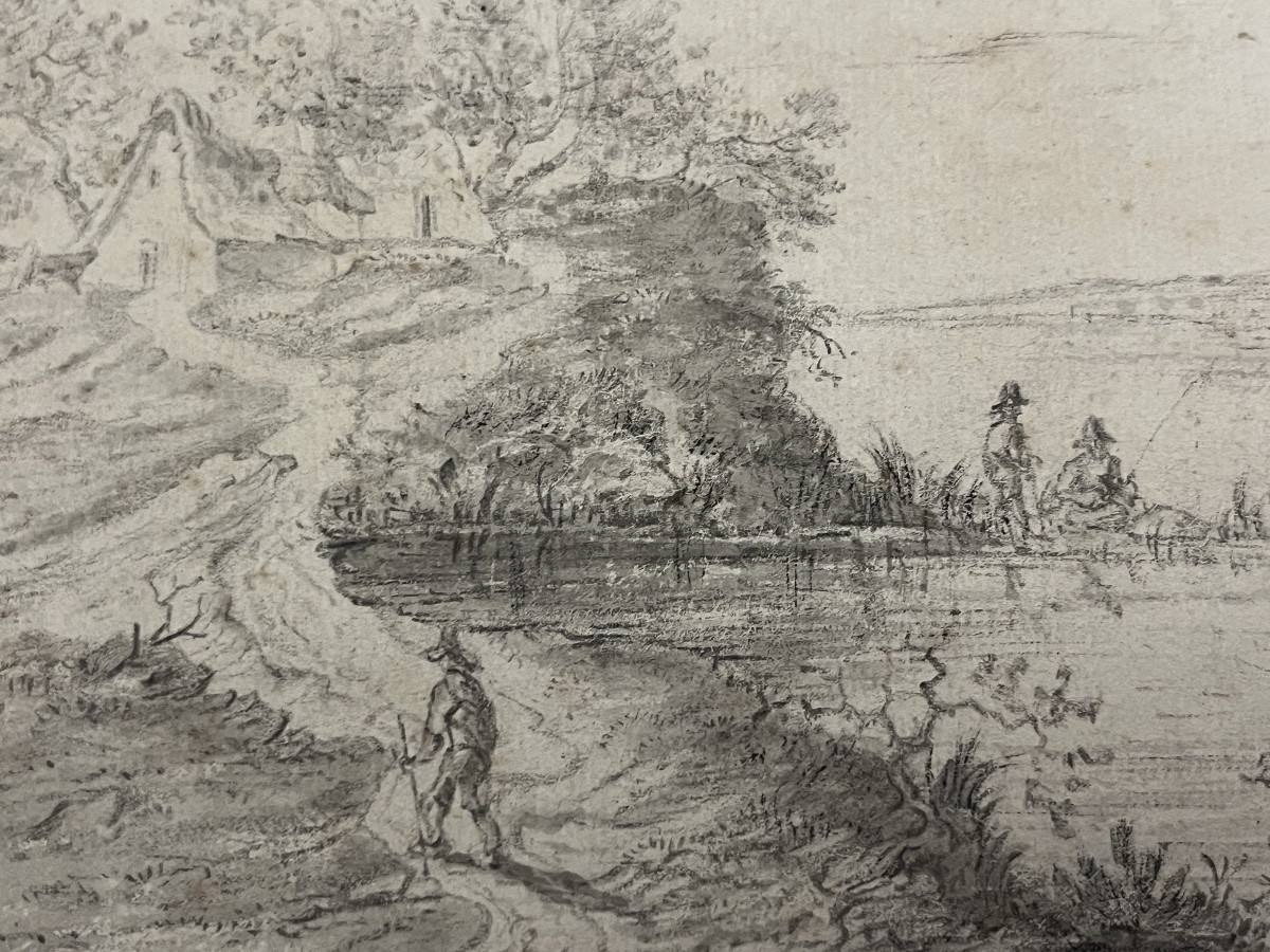 Dessin à l'encre noire et lavis gris, attribué à Ruysdael, représentant un paysage animé. -photo-2
