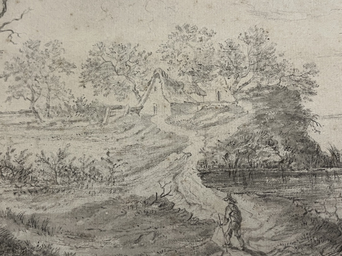 Dessin à l'encre noire et lavis gris, attribué à Ruysdael, représentant un paysage animé. -photo-3