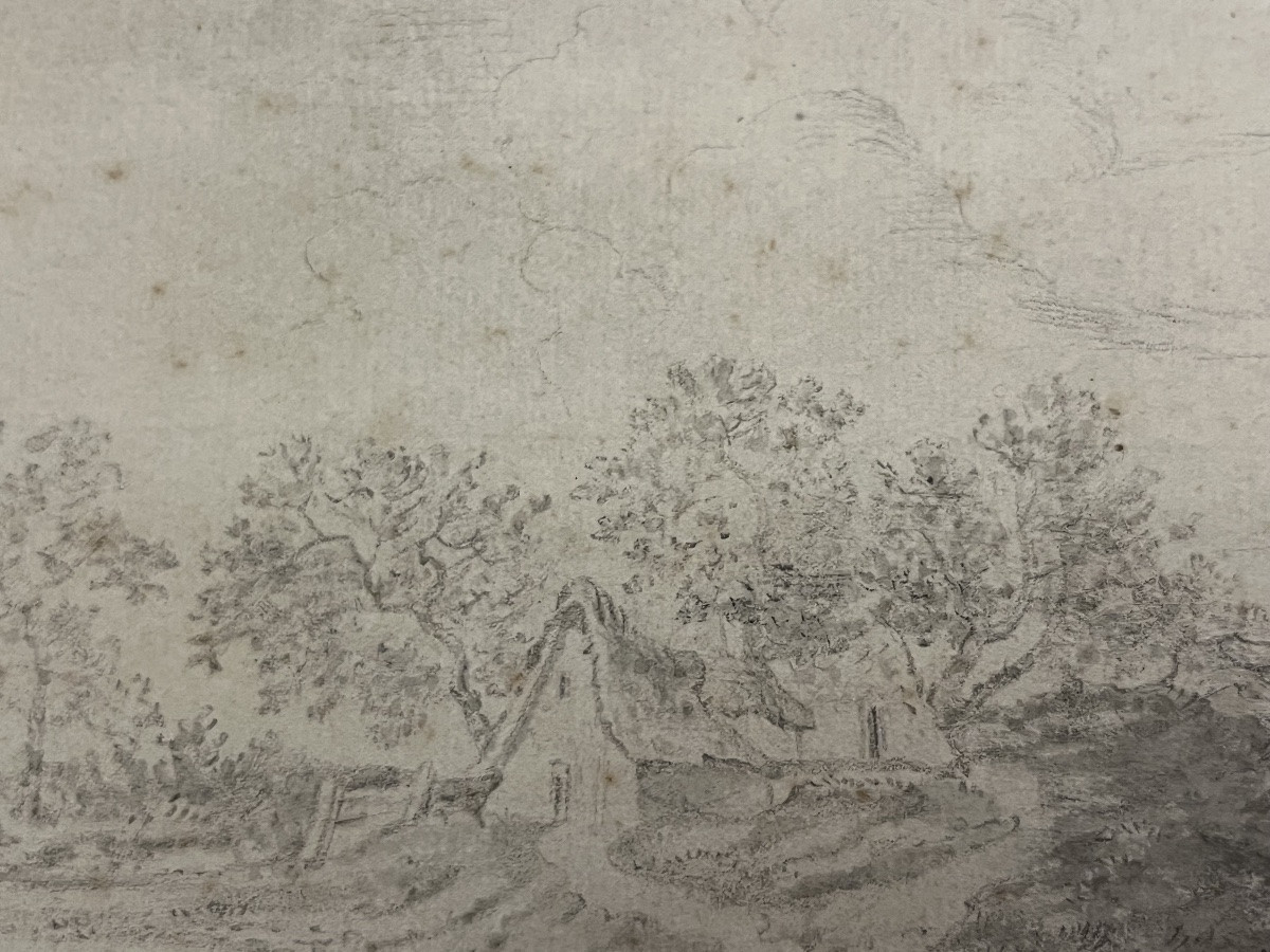 Dessin à l'encre noire et lavis gris, attribué à Ruysdael, représentant un paysage animé. -photo-4