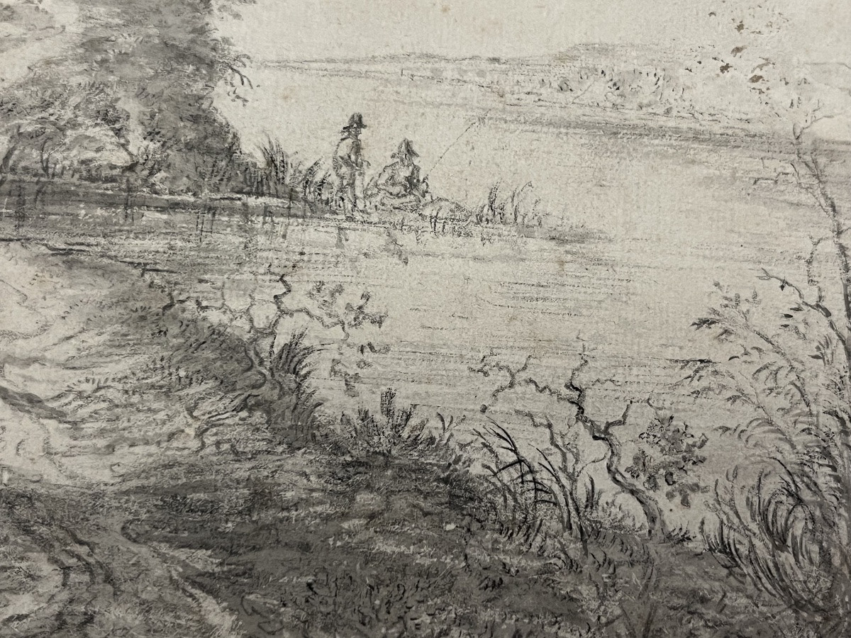 Dessin à l'encre noire et lavis gris, attribué à Ruysdael, représentant un paysage animé. -photo-5