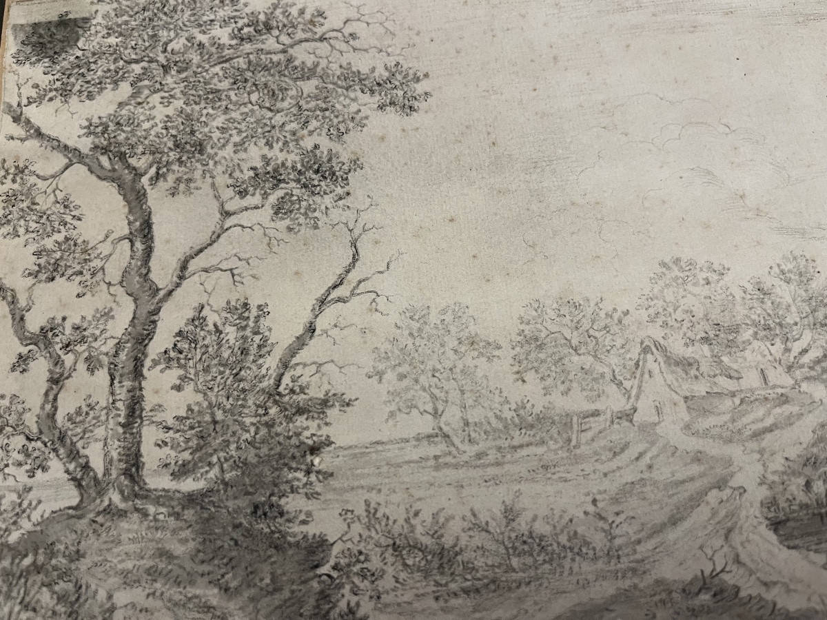 Dessin à l'encre noire et lavis gris, attribué à Ruysdael, représentant un paysage animé. -photo-8