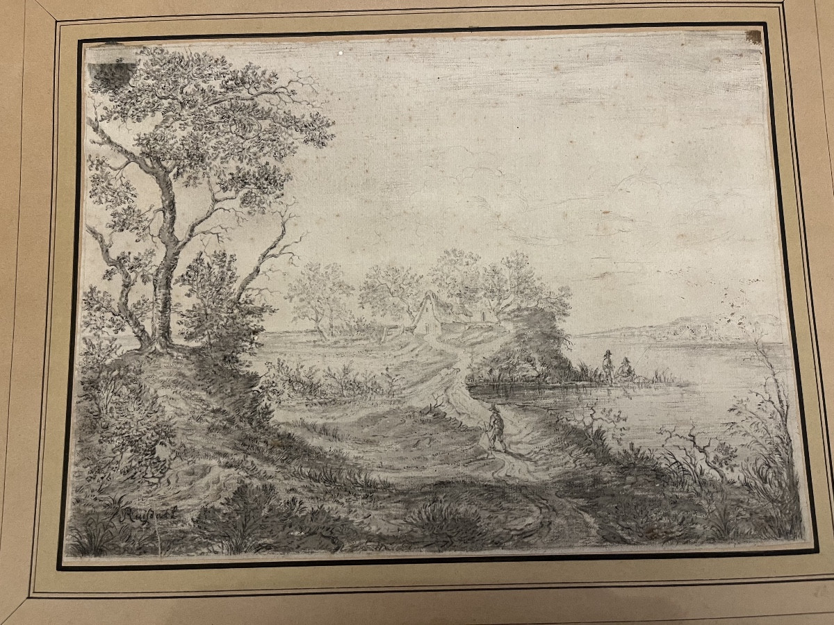 Dessin à l'encre noire et lavis gris, attribué à Ruysdael, représentant un paysage animé. 