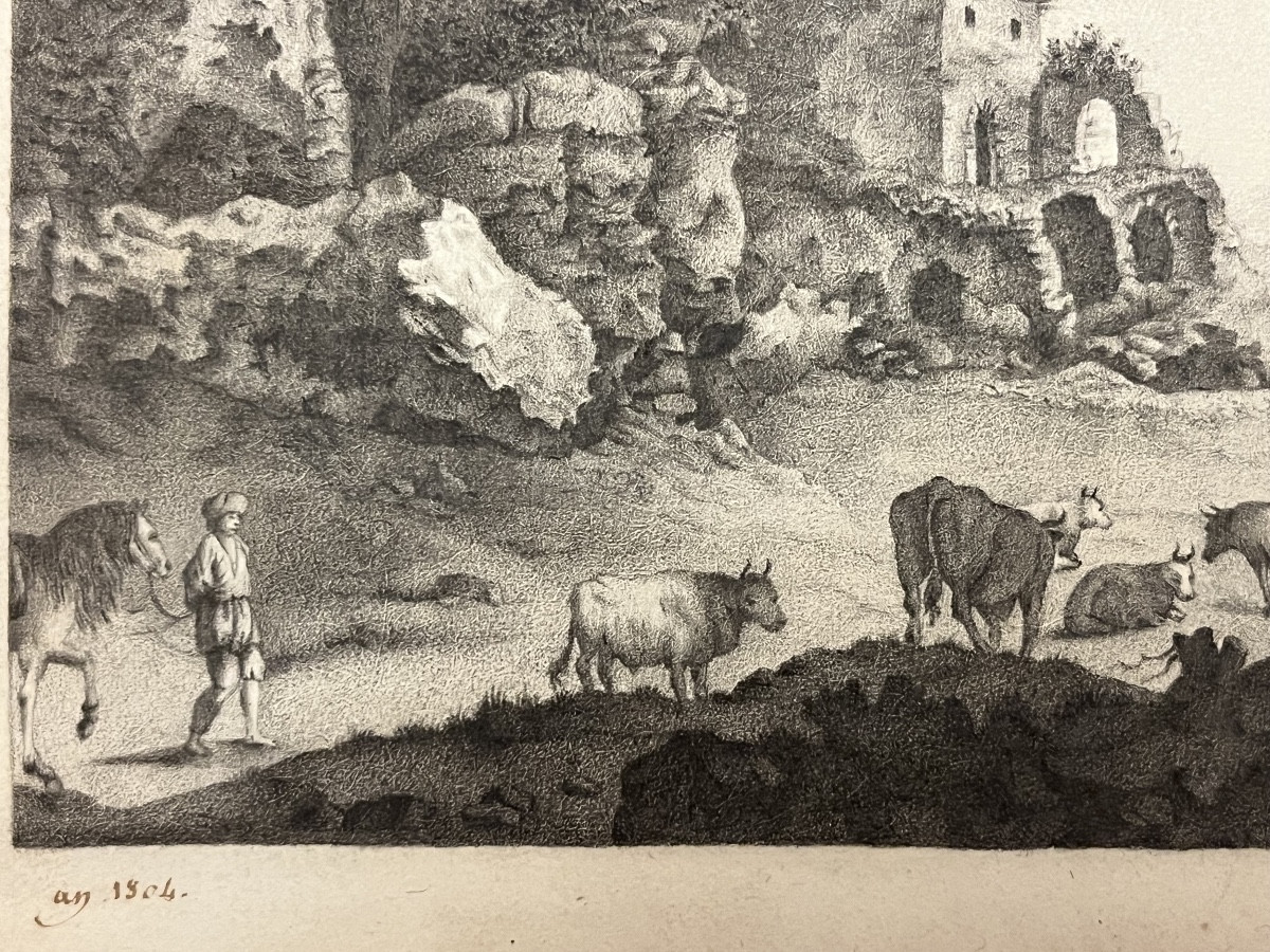 Charline Small Drawing, Ruins And Cows With Shepard . 1804. France.-photo-3