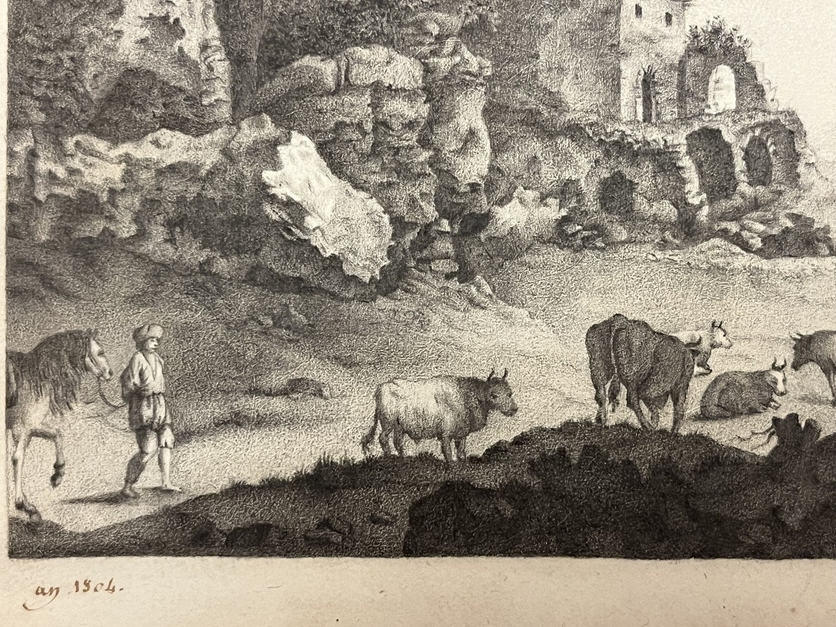 Charline Small Drawing, Ruins And Cows With Shepard . 1804. France.-photo-3