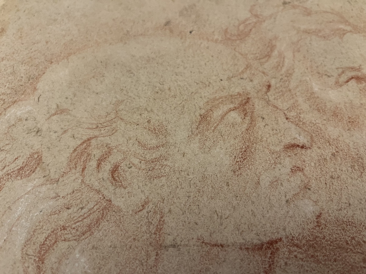 Intéressant dessin ancien, étude de deux têtes d’hommes de profil. Sanguine et gouache blanche.-photo-2