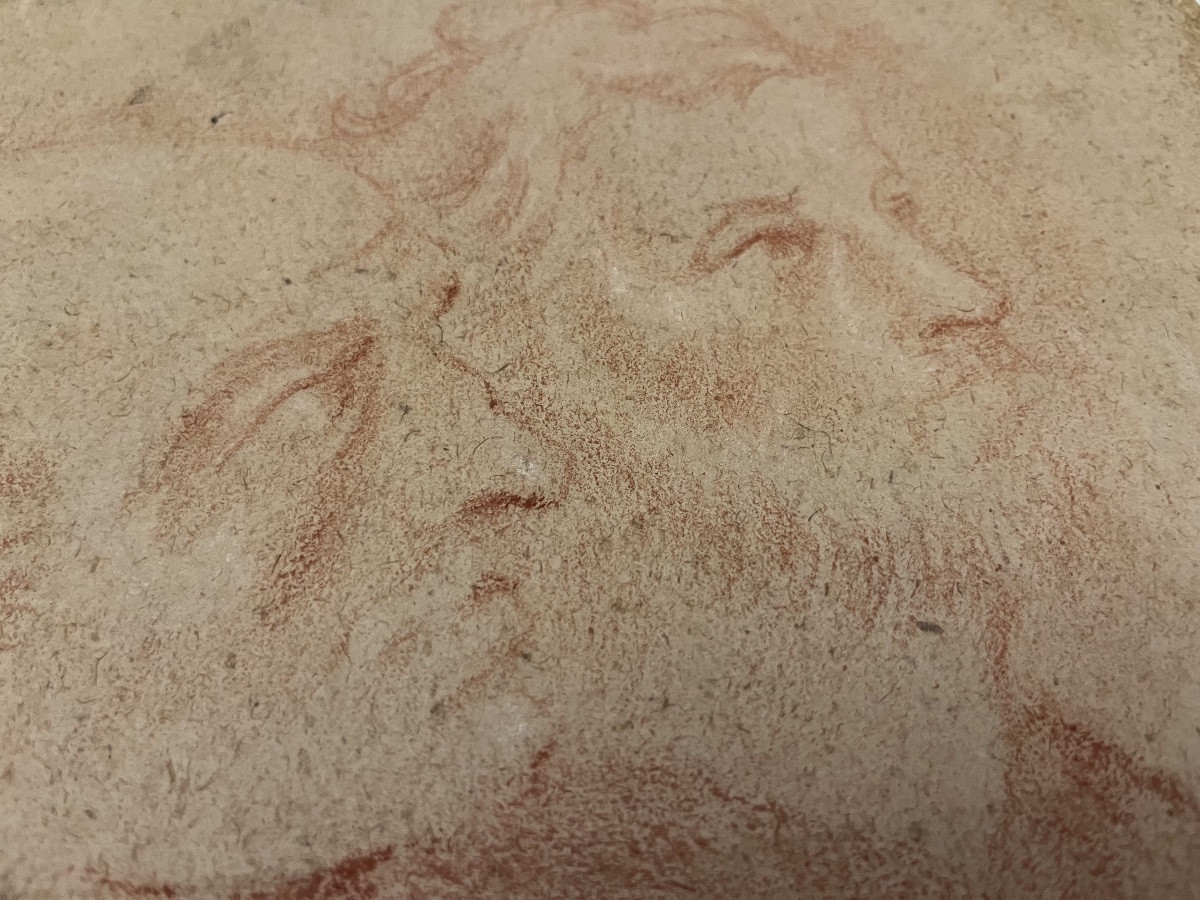 Intéressant dessin ancien, étude de deux têtes d’hommes de profil. Sanguine et gouache blanche.-photo-2