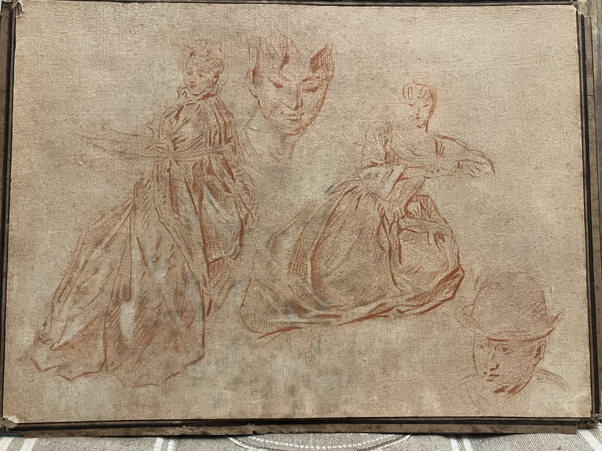 Nice 18 Teen Century Drawing. Sanguine And White Gouache,, School Of Watteau Or Lancret. -photo-2