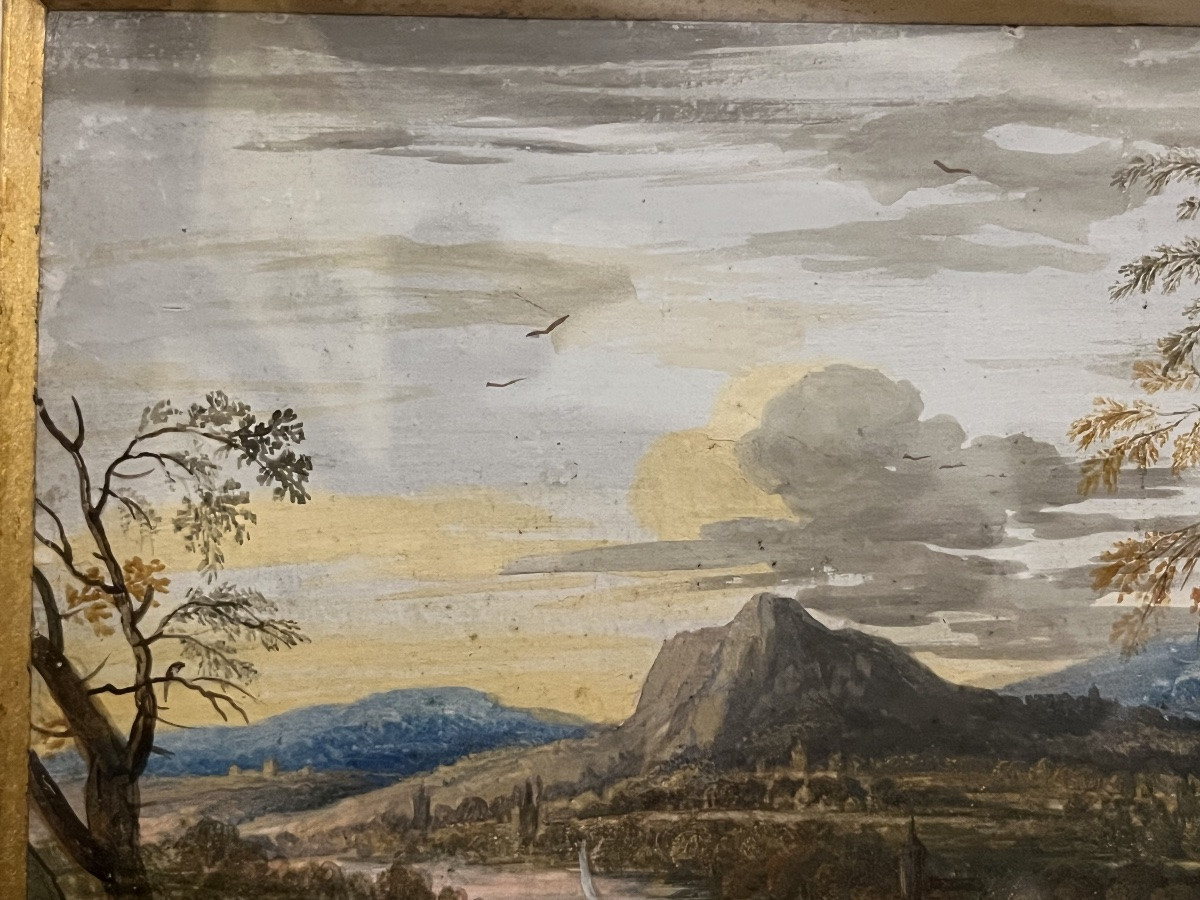 Beautiful Gouache On Paper, Flemish School, Animated Landscape, 19th Century, Framed.-photo-1