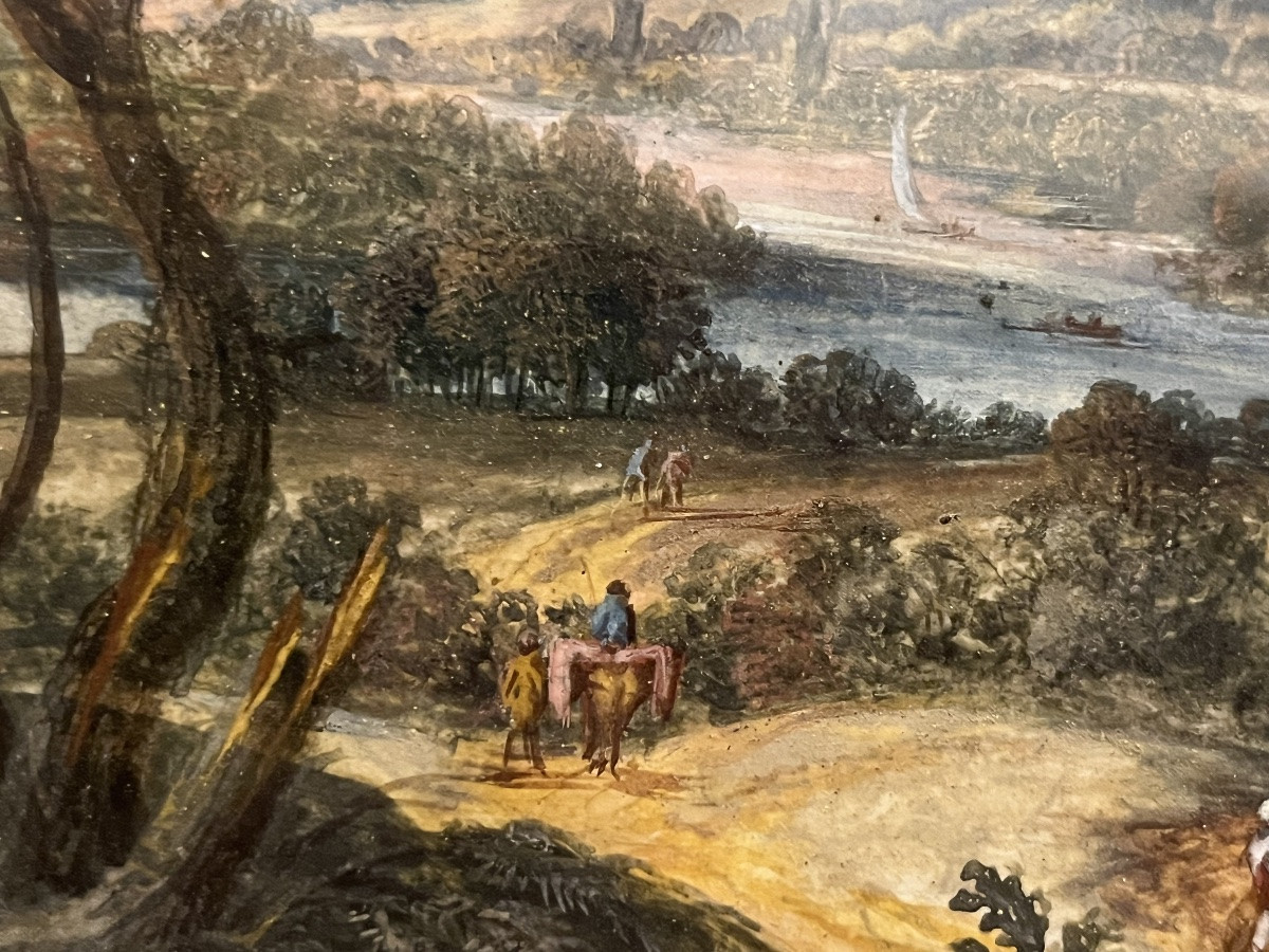 Beautiful Gouache On Paper, Flemish School, Animated Landscape, 19th Century, Framed.-photo-3