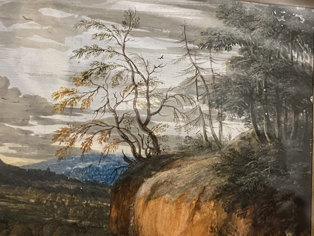 Beautiful Gouache On Paper, Flemish School, Animated Landscape, 19th Century, Framed.-photo-4
