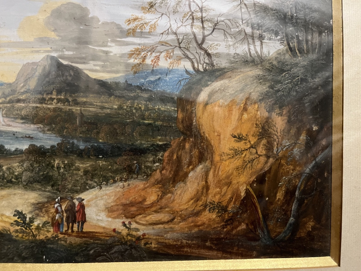 Beautiful Gouache On Paper, Flemish School, Animated Landscape, 19th Century, Framed.-photo-7