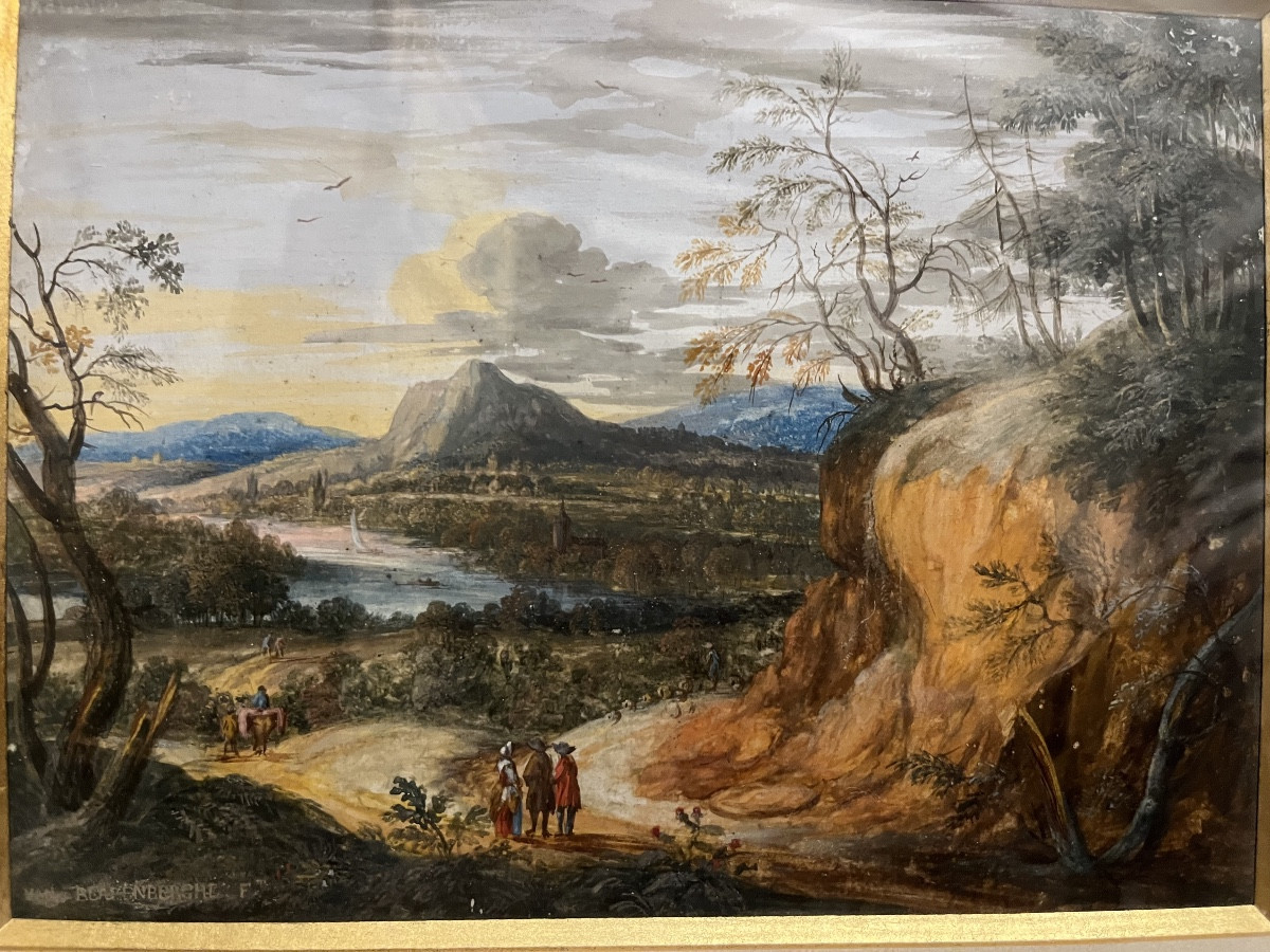 Beautiful Gouache On Paper, Flemish School, Animated Landscape, 19th Century, Framed.