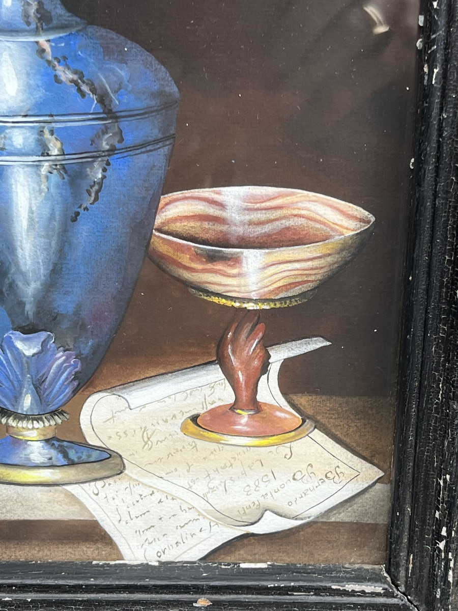 Amusante gouache sur papier, nature morte précieuse!-photo-6