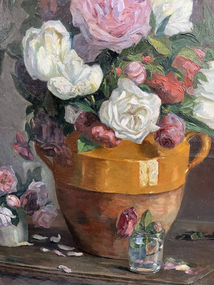 Large Painting, 1950s/1960s. Bouquet Of Roses, In A Large Pottery.-photo-2