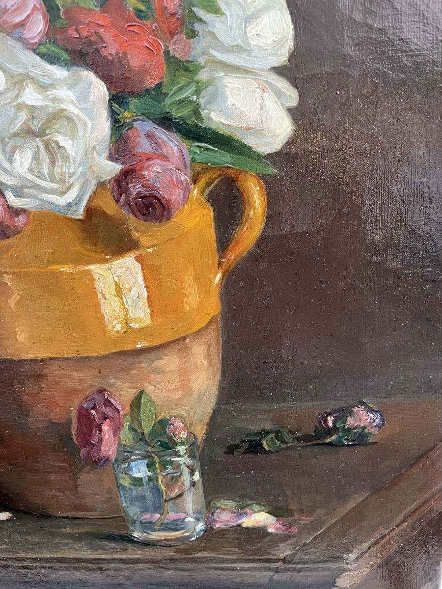 Large Painting, 1950s/1960s. Bouquet Of Roses, In A Large Pottery.-photo-3