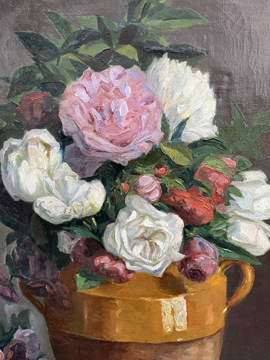 Large Painting, 1950s/1960s. Bouquet Of Roses, In A Large Pottery.-photo-4