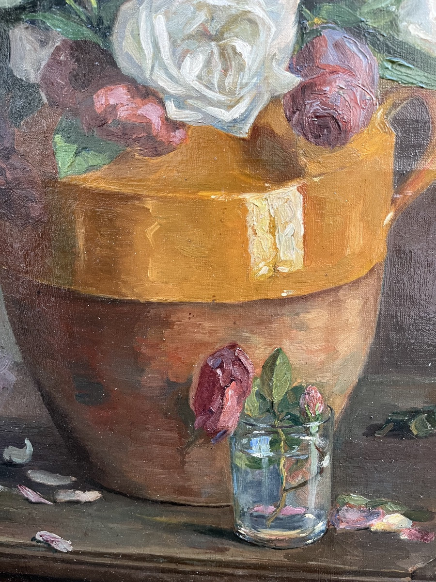 Large Painting, 1950s/1960s. Bouquet Of Roses, In A Large Pottery.-photo-4