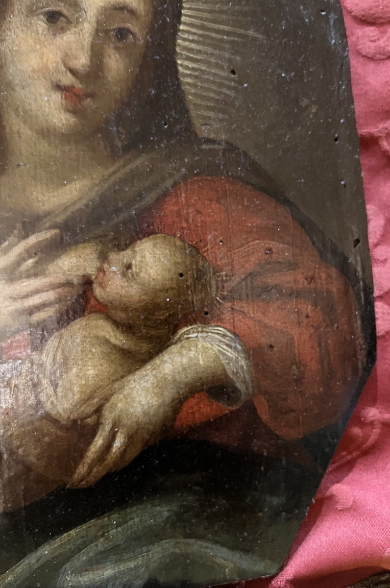 Joli panneau , Vierge allaitant Jésus, France, XVIII éme siècle. -photo-2