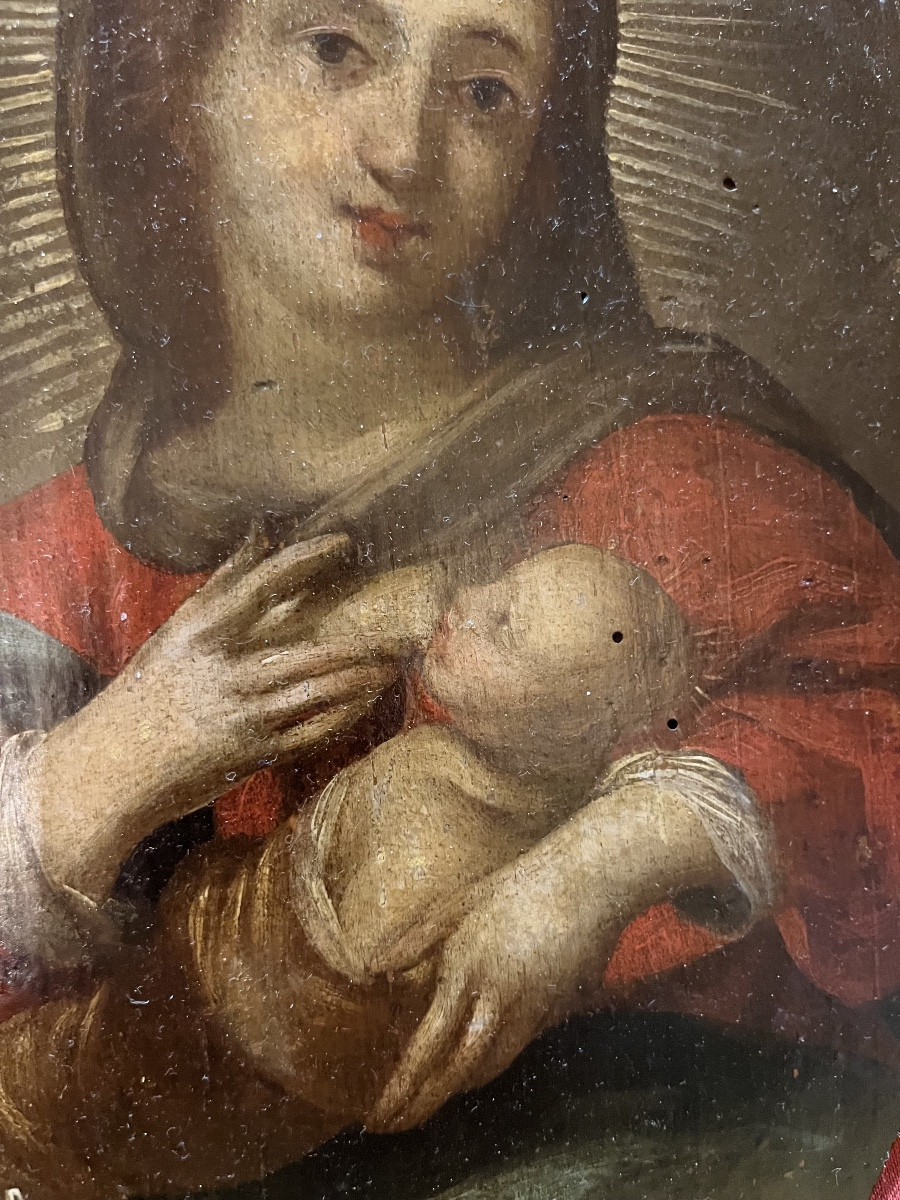 Joli panneau , Vierge allaitant Jésus, France, XVIII éme siècle. -photo-3