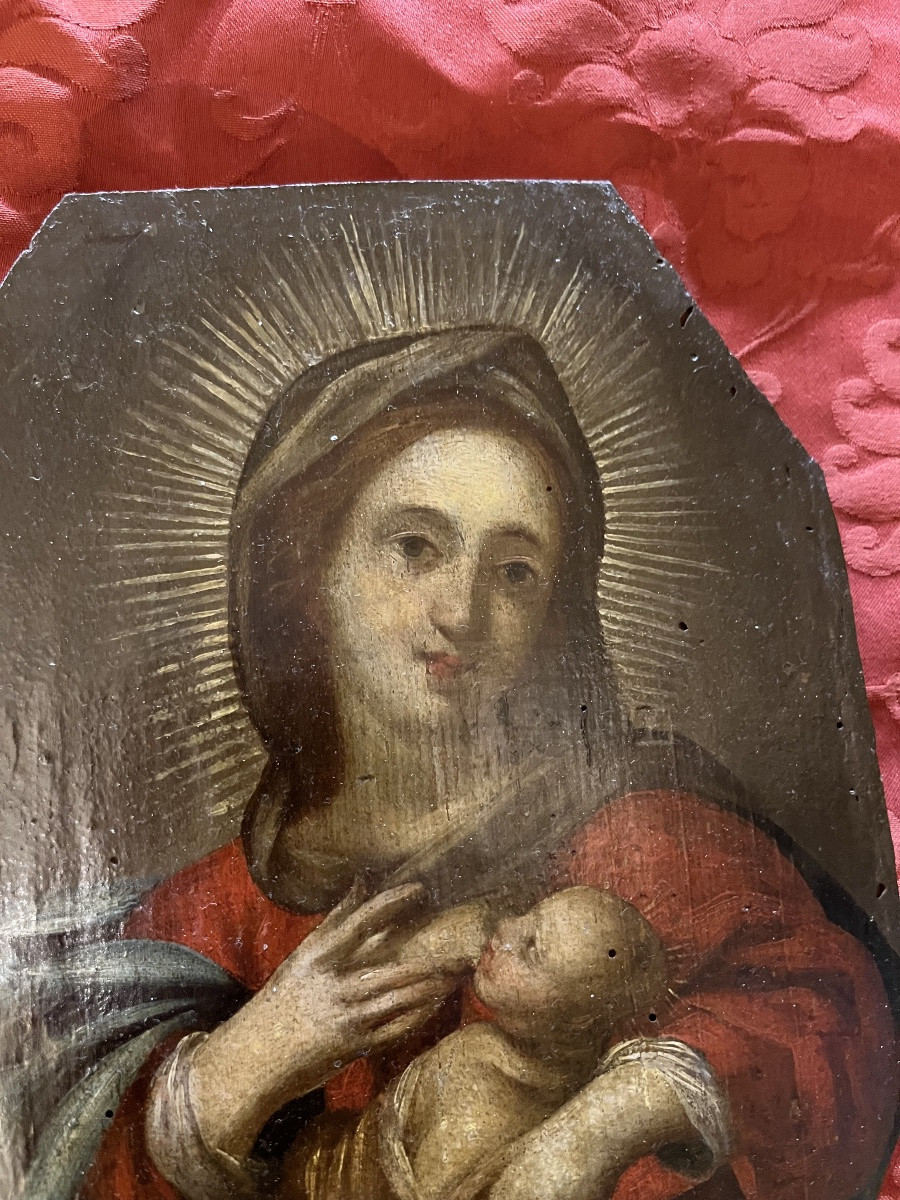 Joli panneau , Vierge allaitant Jésus, France, XVIII éme siècle. -photo-2