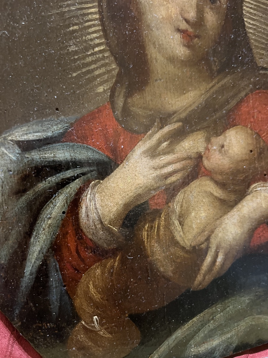Joli panneau , Vierge allaitant Jésus, France, XVIII éme siècle. -photo-3