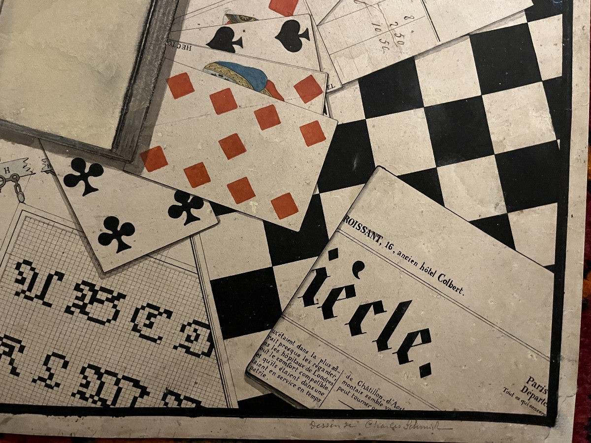 Grand dessin, trompe - l'oeil, avec toutes sortes de documents et des cartes à jouer. Mi 19 éme-photo-3