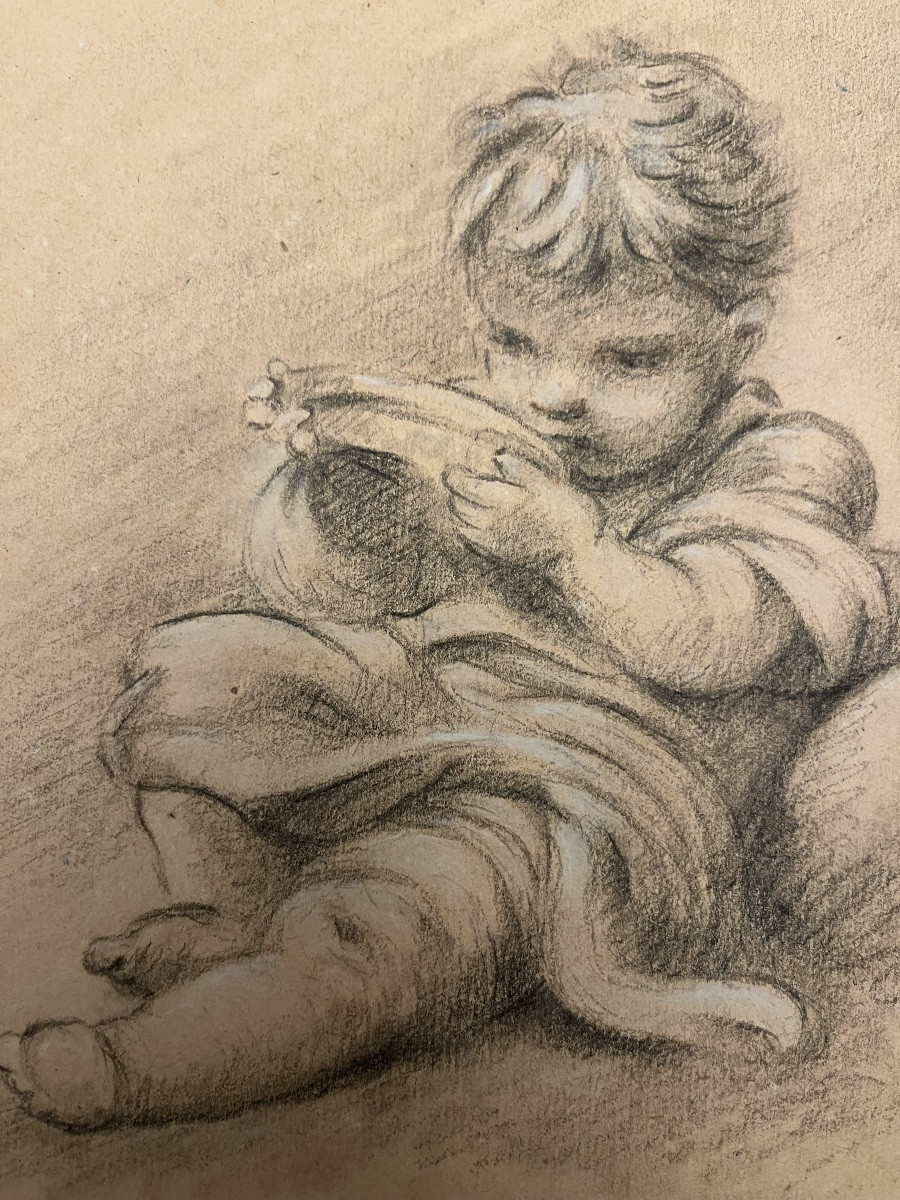 Charmant dessin à la pierre noire, petit enfant buvant. Fin XVIII eme.-photo-3