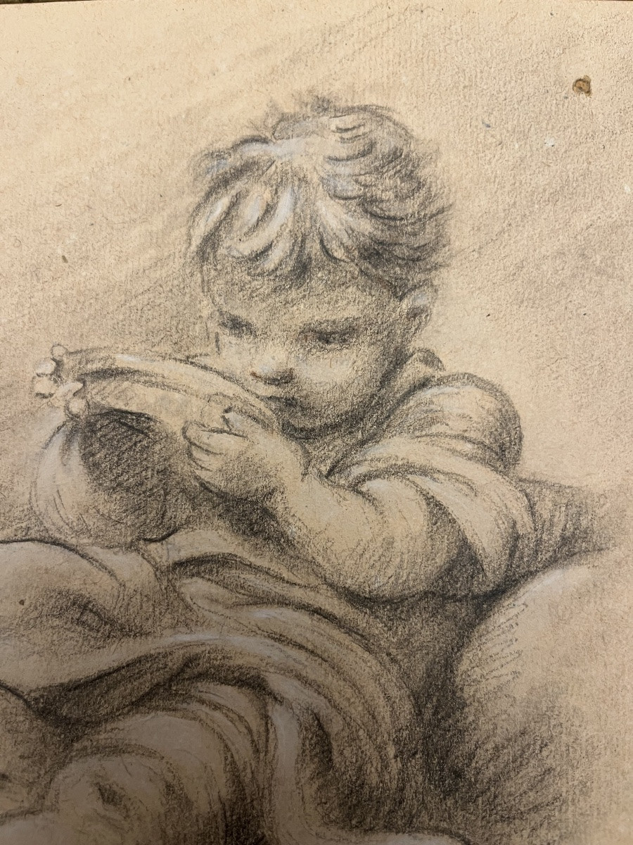 Charmant dessin à la pierre noire, petit enfant buvant. Fin XVIII eme.-photo-4