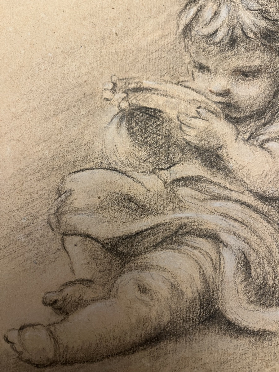 Charmant dessin à la pierre noire, petit enfant buvant. Fin XVIII eme.-photo-2