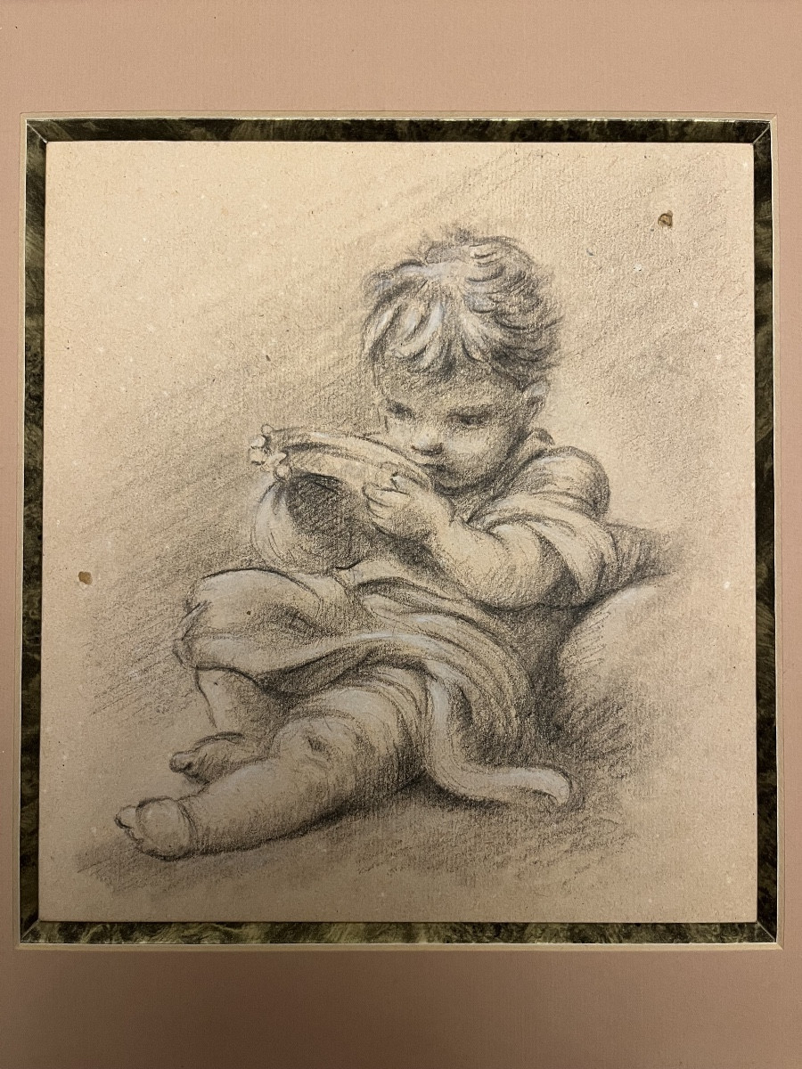Charmant dessin à la pierre noire, petit enfant buvant. Fin XVIII eme.