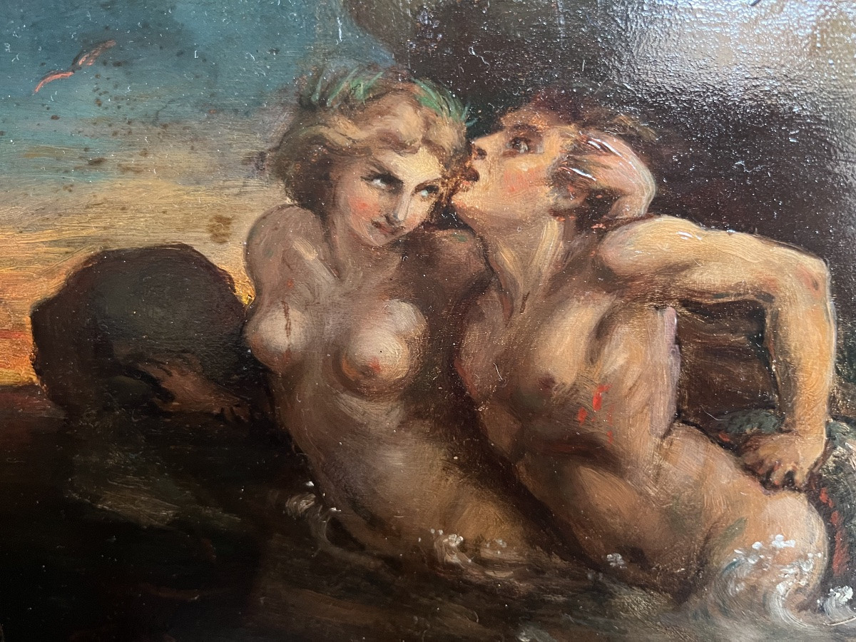 Huile sur panneau, sirène entraînant un jeune homme au fond des eaux. XIX eme.-photo-2