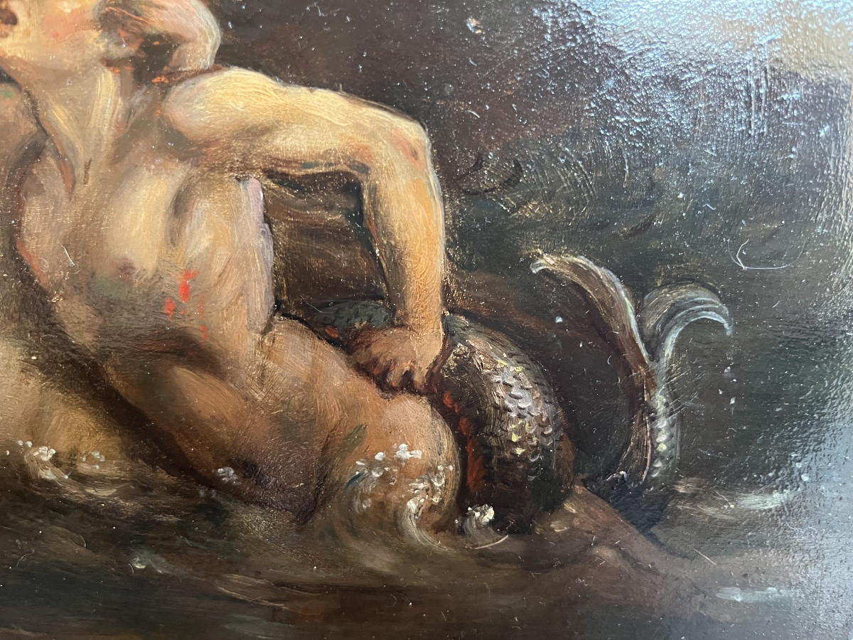 Huile sur panneau, sirène entraînant un jeune homme au fond des eaux. XIX eme.-photo-3