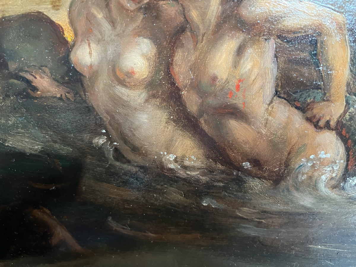 Huile sur panneau, sirène entraînant un jeune homme au fond des eaux. XIX eme.-photo-4