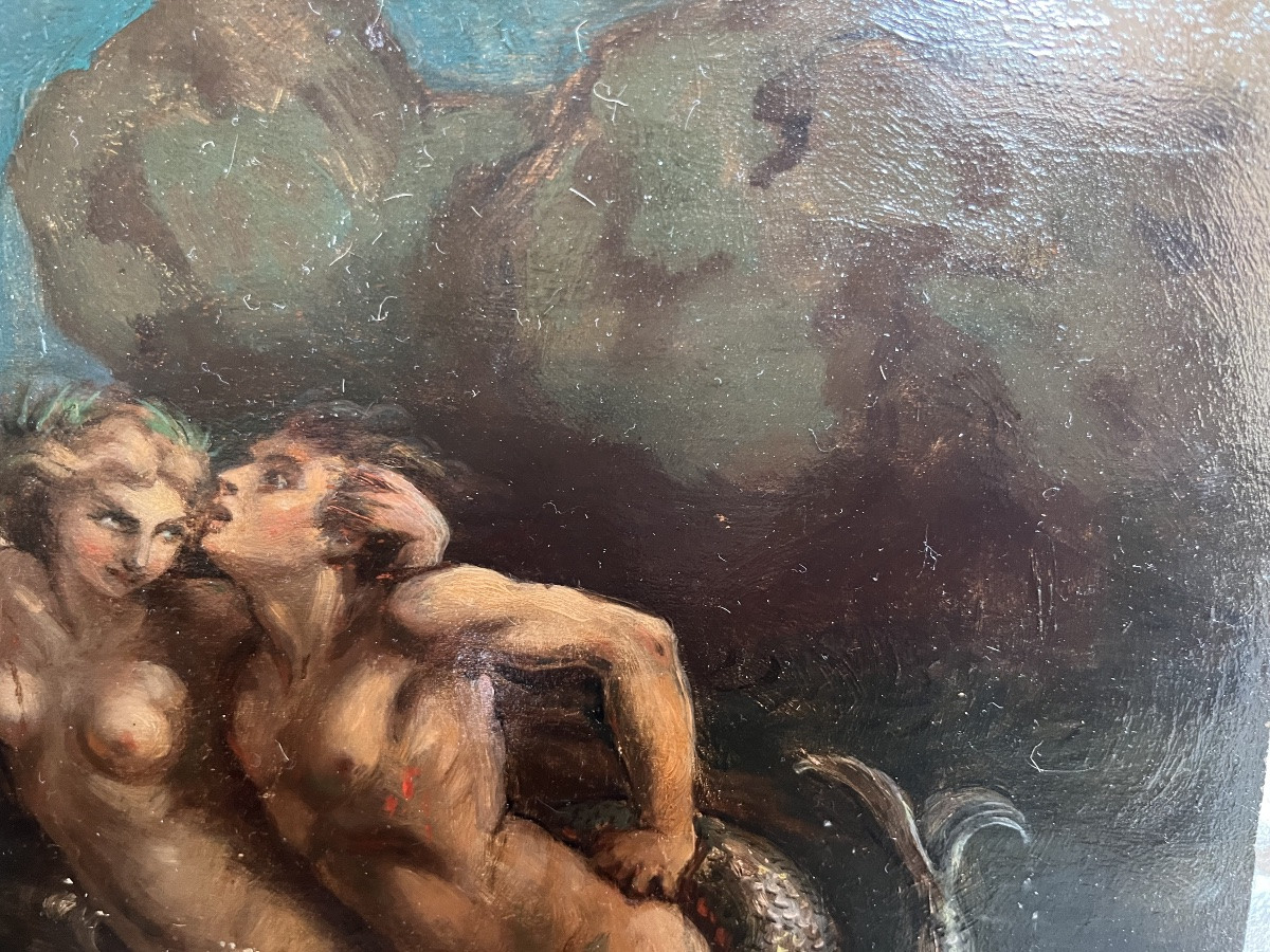 Huile sur panneau, sirène entraînant un jeune homme au fond des eaux. XIX eme.-photo-1