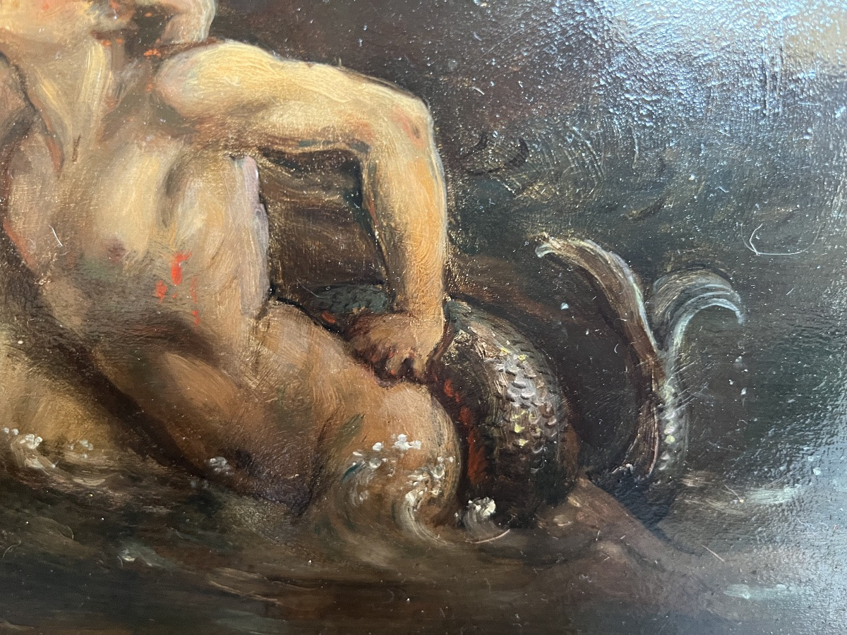 Huile sur panneau, sirène entraînant un jeune homme au fond des eaux. XIX eme.-photo-2