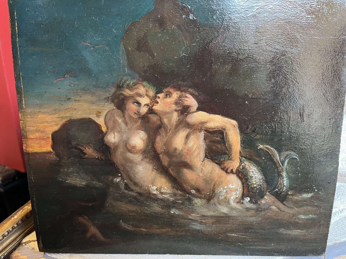 Huile sur panneau, sirène entraînant un jeune homme au fond des eaux. XIX eme.-photo-3