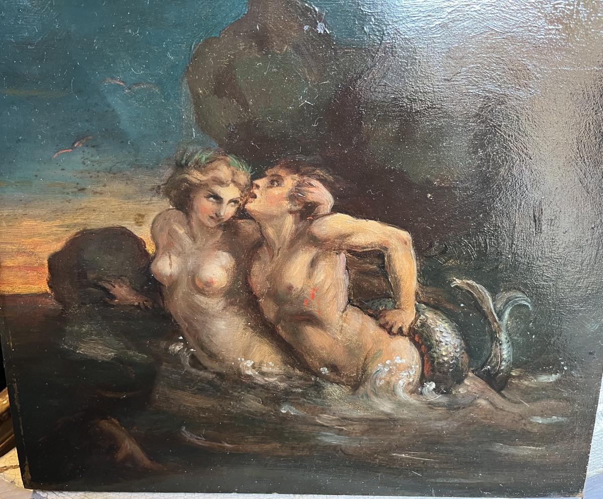 Huile sur panneau, sirène entraînant un jeune homme au fond des eaux. XIX eme.