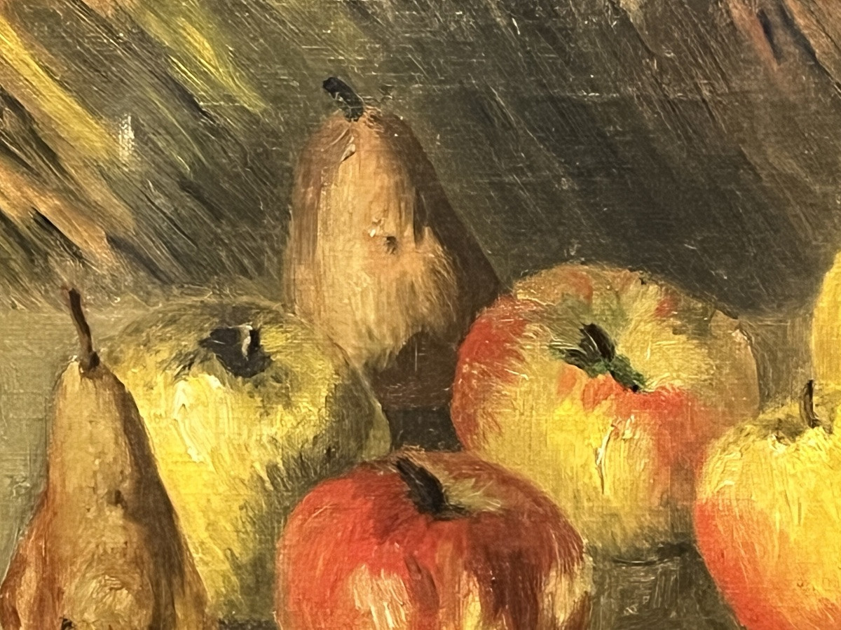 Huile sur toile, nature morte aux pommes XX eme siècle, dans le goût de Renoir.-photo-2