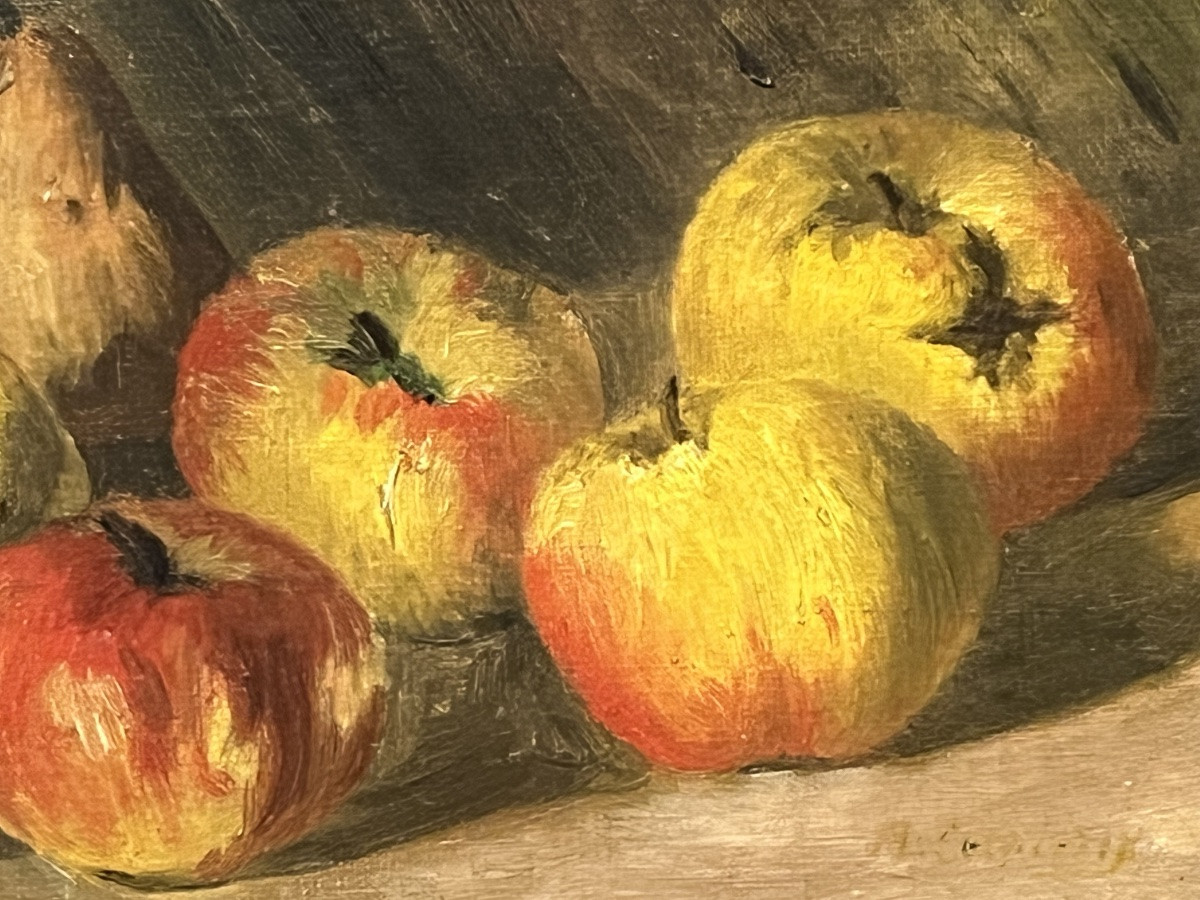 Huile sur toile, nature morte aux pommes XX eme siècle, dans le goût de Renoir.-photo-3