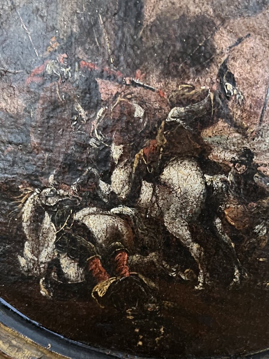 Tondo, huile sur toile collée sur un cadre, XVII eme. Scène de bataille.-photo-2