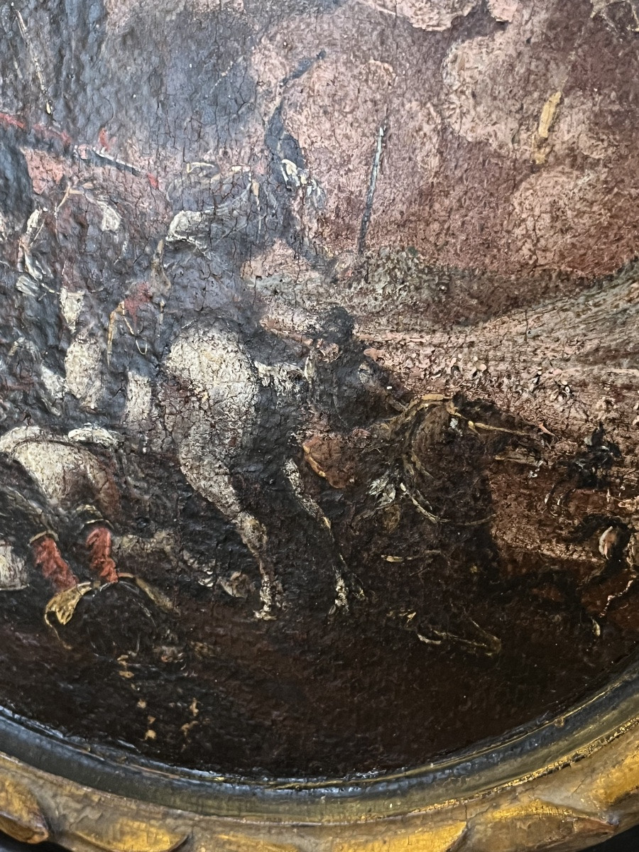 Tondo, huile sur toile collée sur un cadre, XVII eme. Scène de bataille.-photo-3