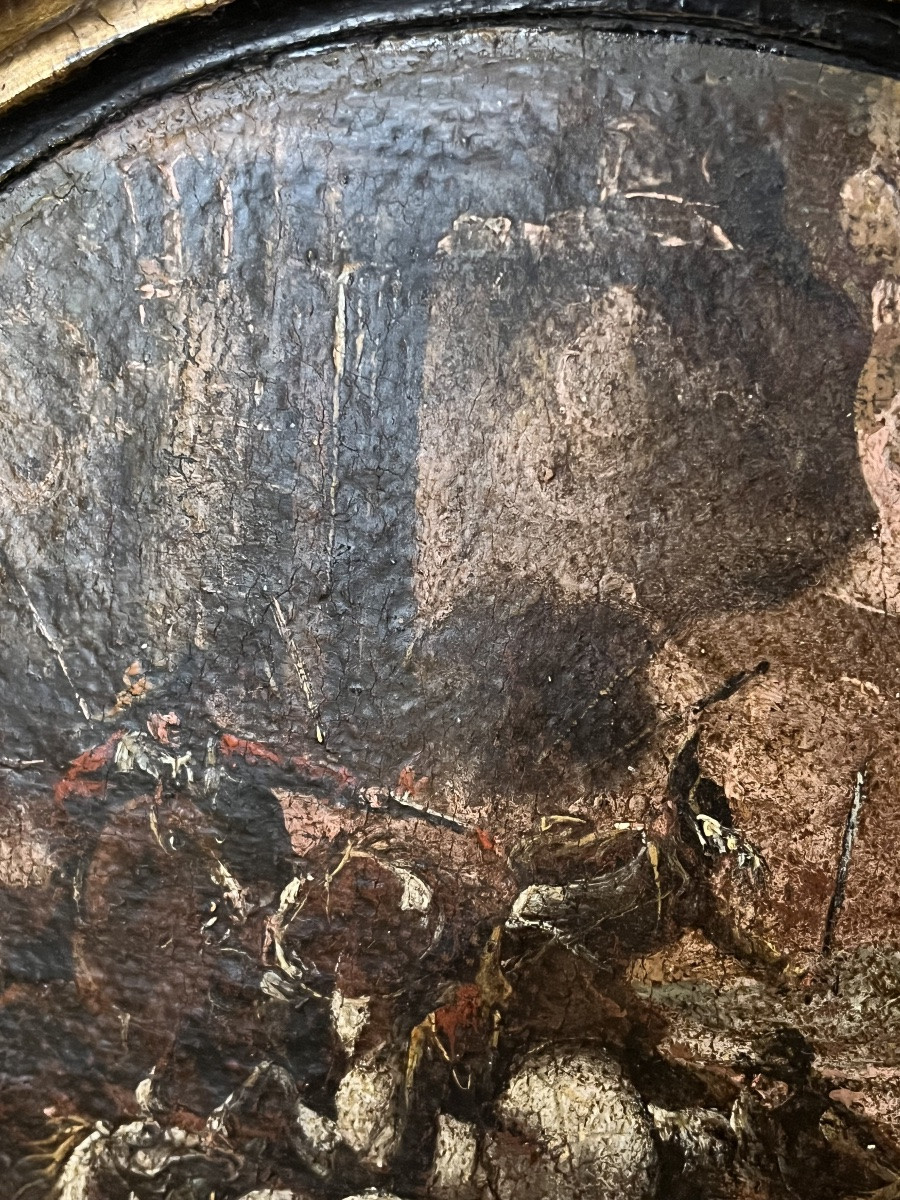 Tondo, huile sur toile collée sur un cadre, XVII eme. Scène de bataille.-photo-4