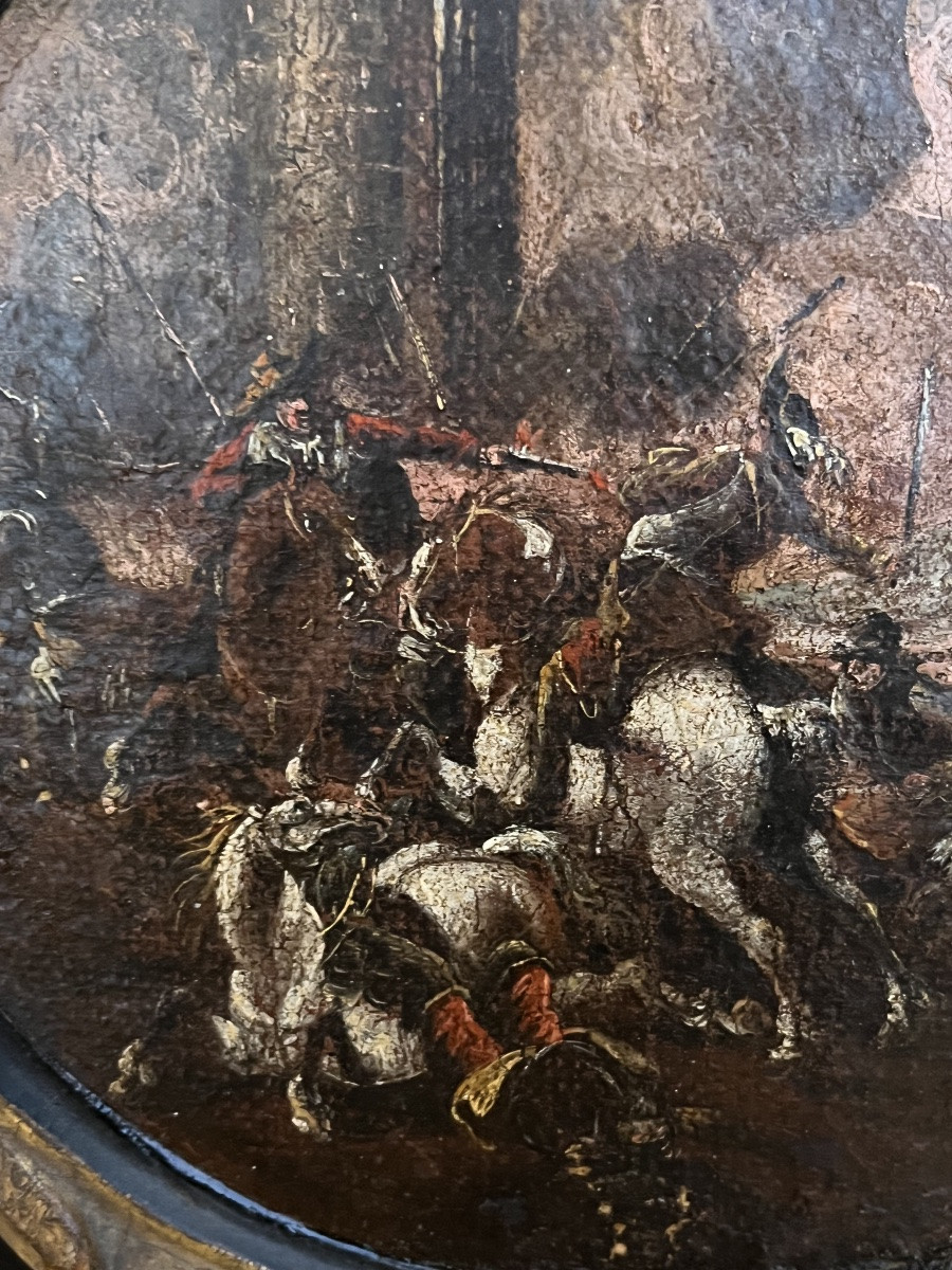 Tondo, huile sur toile collée sur un cadre, XVII eme. Scène de bataille.-photo-2